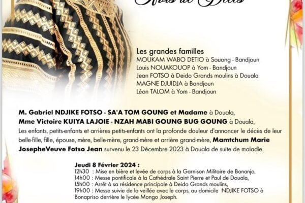 Royale des Jeux du Cameroun (RDJ) : Avis de décès et programme des obsèques de la maman de Victoire KUIYA LAJOIE