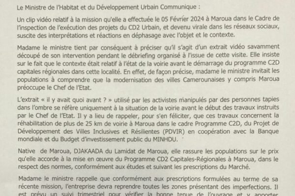 Tentative de déstabilisation de l’exécution des projets du C2D Urbain à Maroua : Célestine KETCHA COURTÈS rassure la population